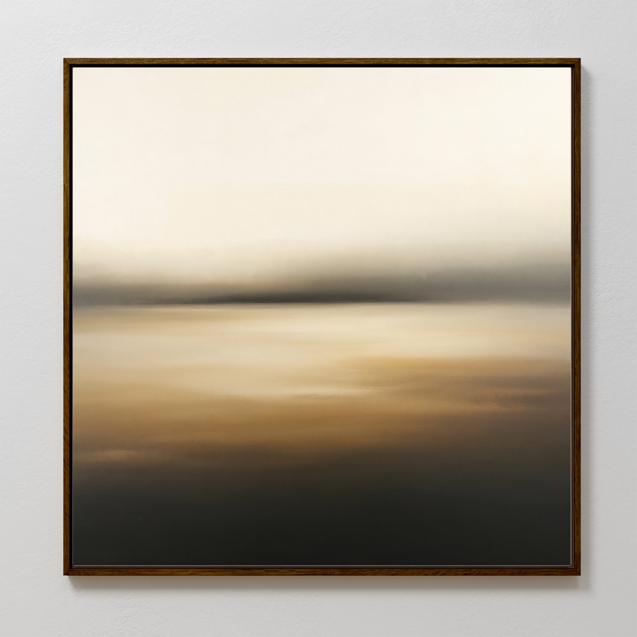 Amber Fields Canvas Art - Square: This framed abstract features soft beige, brown, black, and amber tones in a smooth gradient, evoking a calm misty horizon. Its serene minimalist design adds tranquility to any space.