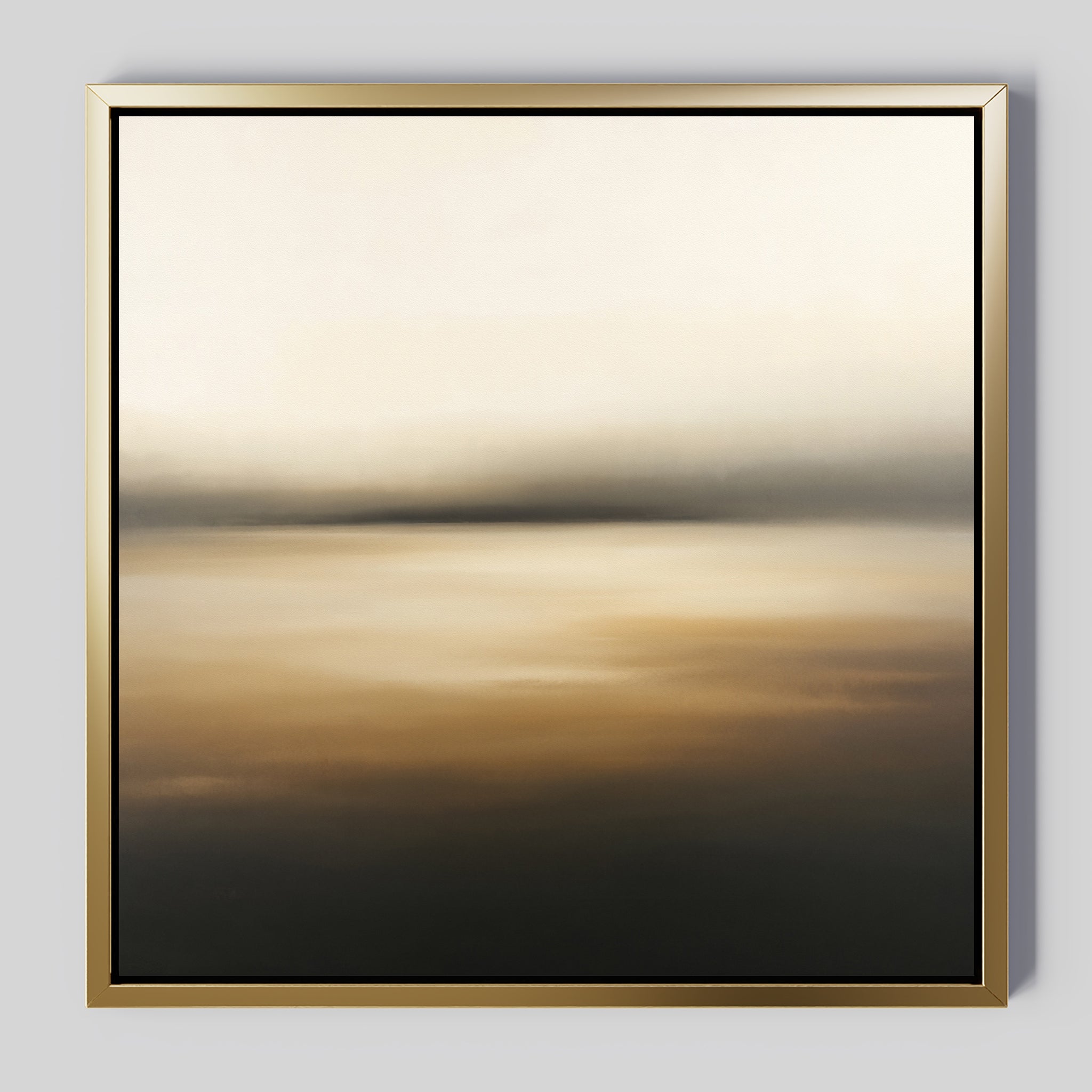 Amber Fields Canvas Art - Square: A framed abstract landscape with soft gradients of beige, gold, and brown, blending amber tones for a calm, misty Nordic sunrise—an atmospheric print featuring smooth, minimalistic design.