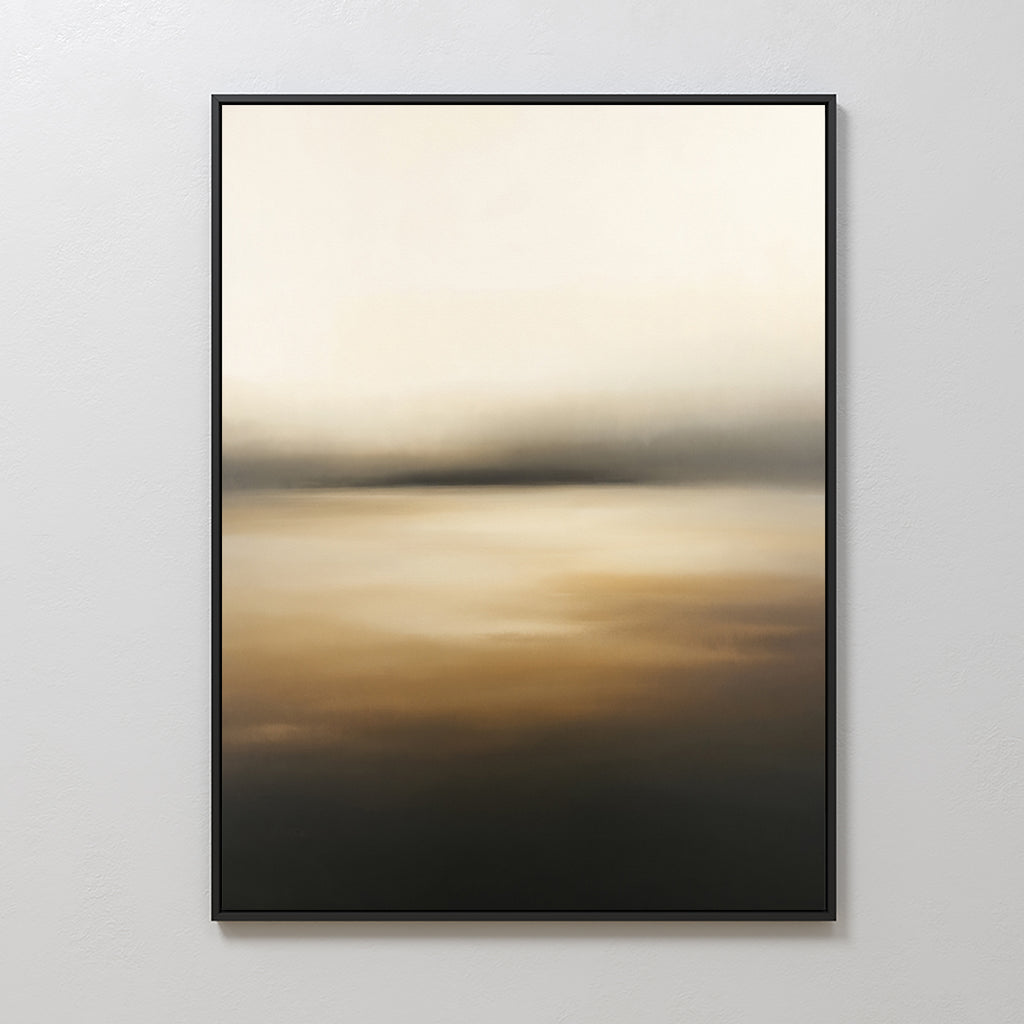 Amber Fields Canvas Art - Vertical features a framed abstract landscape with soft, blended beige, brown, and amber tones. Its smooth, slightly blurred finish evokes a calm, minimalist Nordic Park ambiance and suggests a distant horizon.
