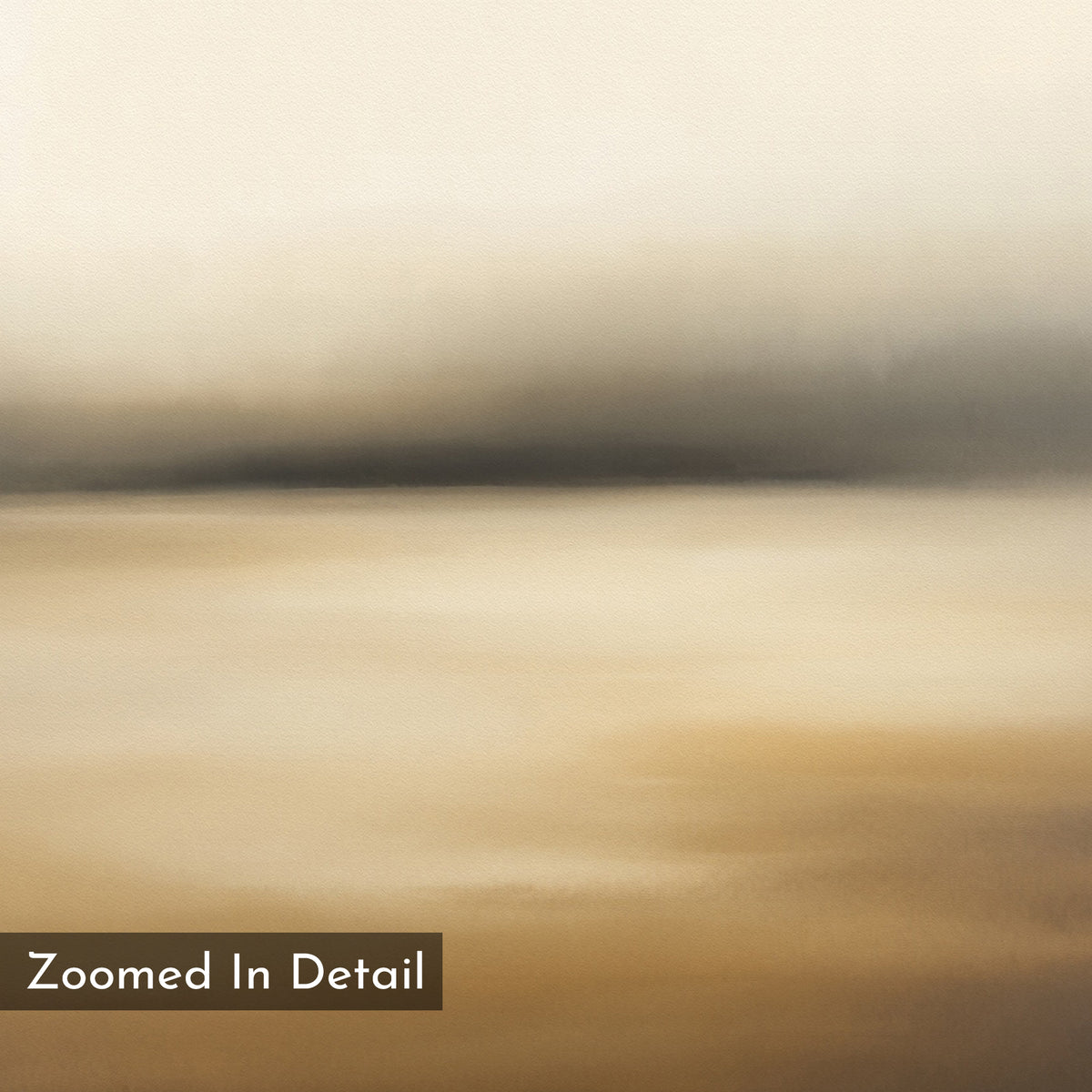 Amber Fields Canvas Art - Vertical features a softly blended abstract design in beige, tan, and brown with amber tones at the top for a serene look. “Zoomed In Detail” appears in the bottom left corner.