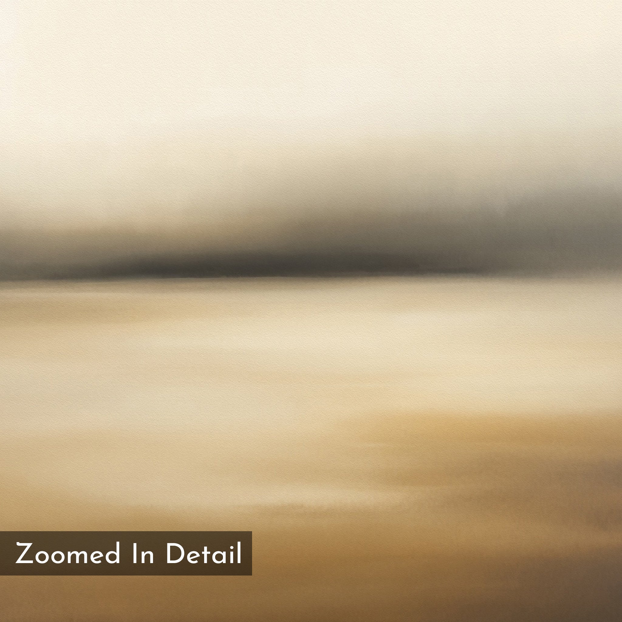 Amber Fields Canvas Art - Vertical features a softly blended abstract design in beige, tan, and brown with amber tones at the top for a serene look. “Zoomed In Detail” appears in the bottom left corner.