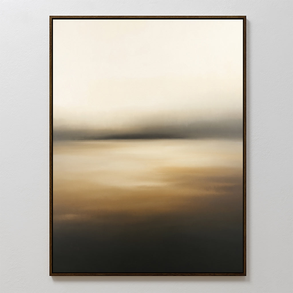 Amber Fields Canvas Art - Vertical features a misty Nordic park scene with soft, blended shades of beige, brown, black, and subtle amber tones. The gentle gradient flows from light at the top to dark at the bottom for a calming effect.
