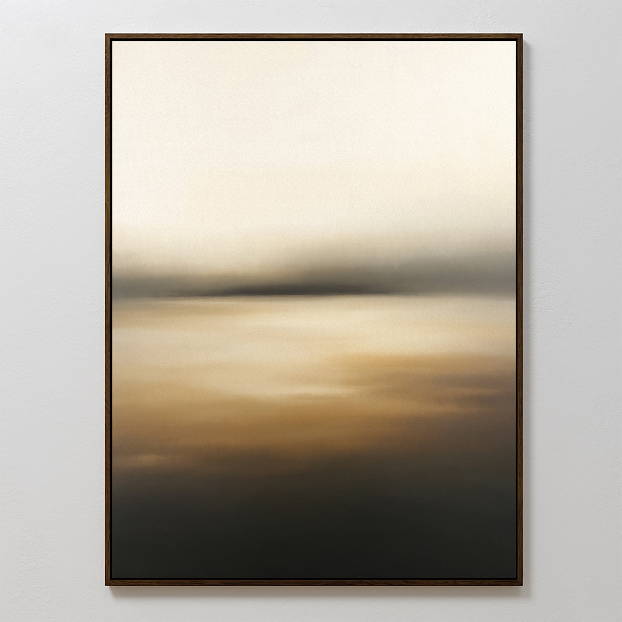 Amber Fields Canvas Art - Vertical features a misty Nordic park scene with soft, blended shades of beige, brown, black, and subtle amber tones. The gentle gradient flows from light at the top to dark at the bottom for a calming effect.