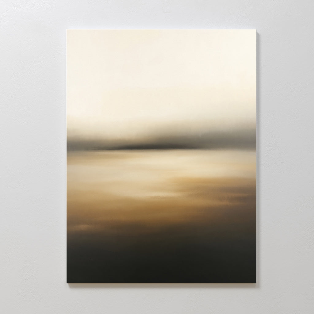 Amber Fields Canvas Art - Vertical: A minimalist abstract landscape print featuring soft gradients of beige, tan, and amber, evoking a serene Nordic Park-inspired scene perfect for enhancing any white wall.