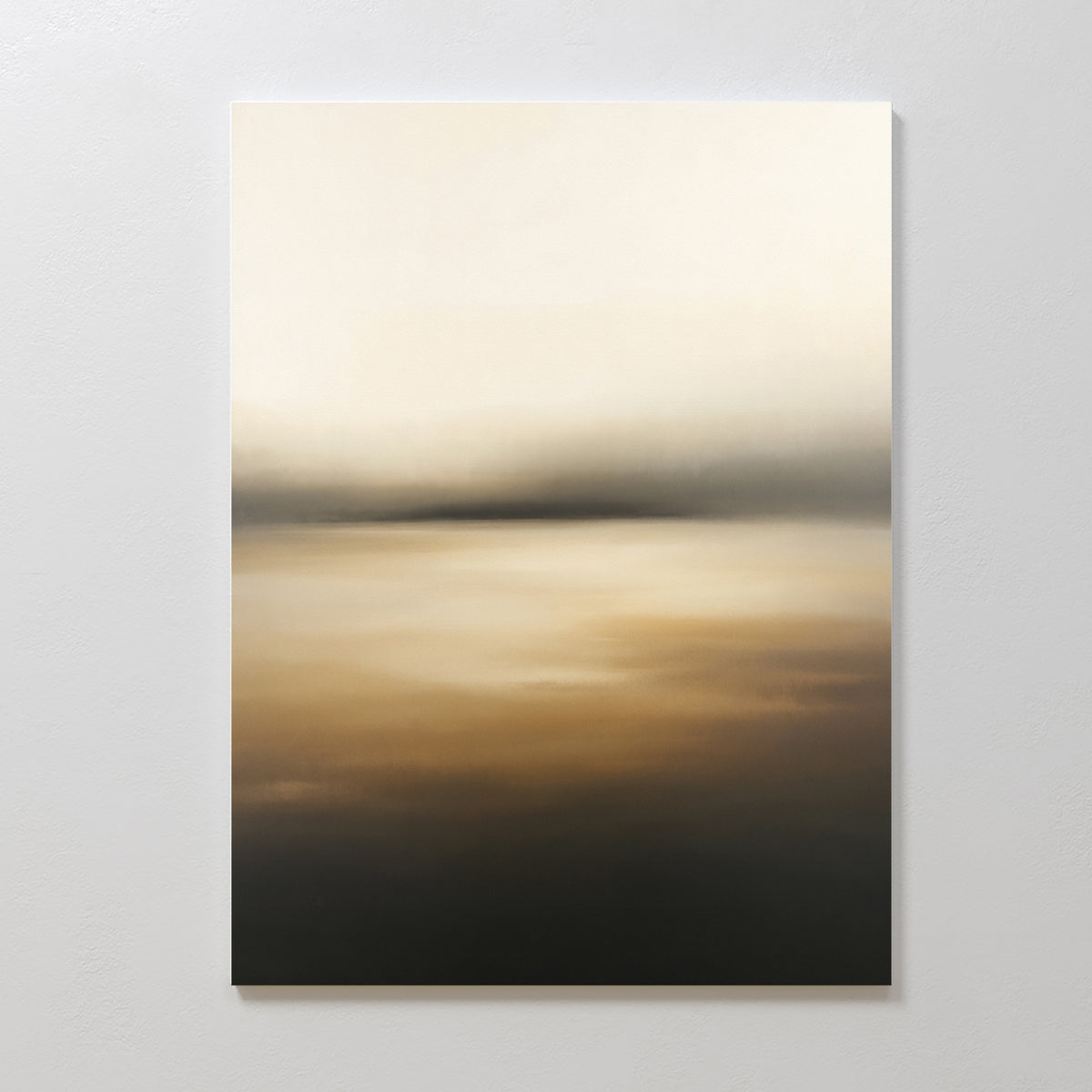 Amber Fields Canvas Art - Vertical: A minimalist abstract landscape print featuring soft gradients of beige, tan, and amber, evoking a serene Nordic Park-inspired scene perfect for enhancing any white wall.