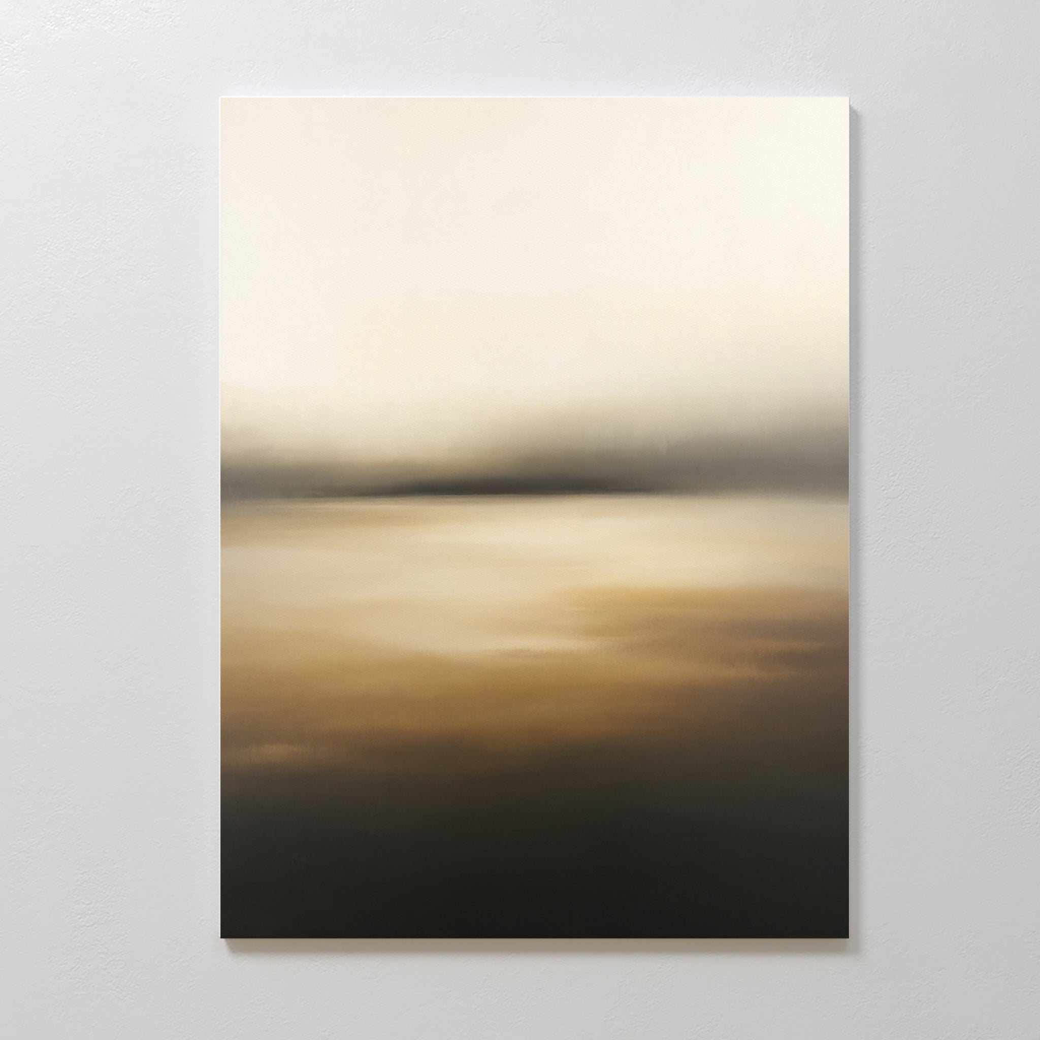 Amber Fields Canvas Art - Vertical: A minimalist abstract landscape print featuring soft gradients of beige, tan, and amber, evoking a serene Nordic Park-inspired scene perfect for enhancing any white wall.