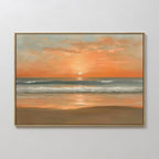 Amber Horizon Canvas Art - Horizontal: A framed print of a serene coastal sunset with warm clouds, gentle waves, and sunlit sand—ideal for infusing Nordic Park tranquility into any space.