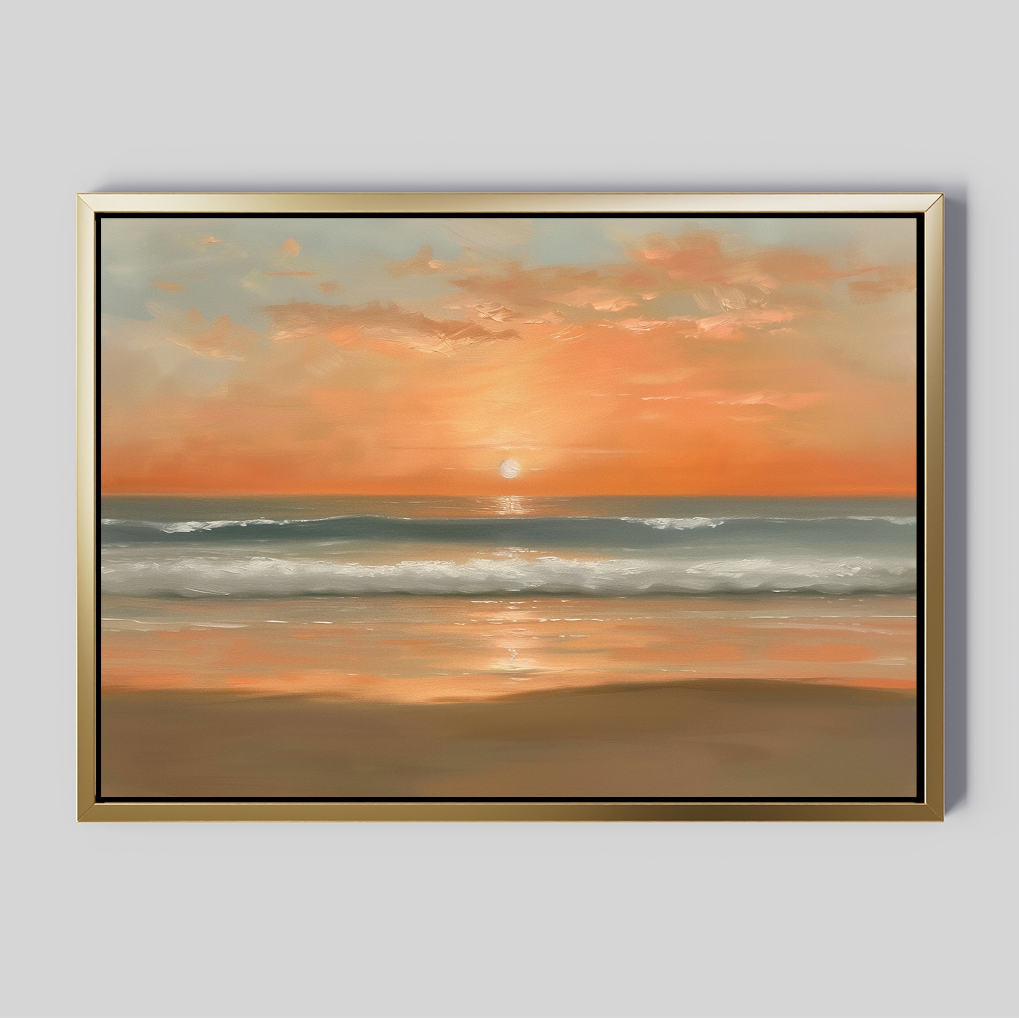 The Amber Horizon Canvas Art - Horizontal features a framed print of a serene coastal sunset at Nordic Park, with gentle waves, a glowing orange sky, and sunlight reflecting on wet sand for a tranquil atmosphere.
