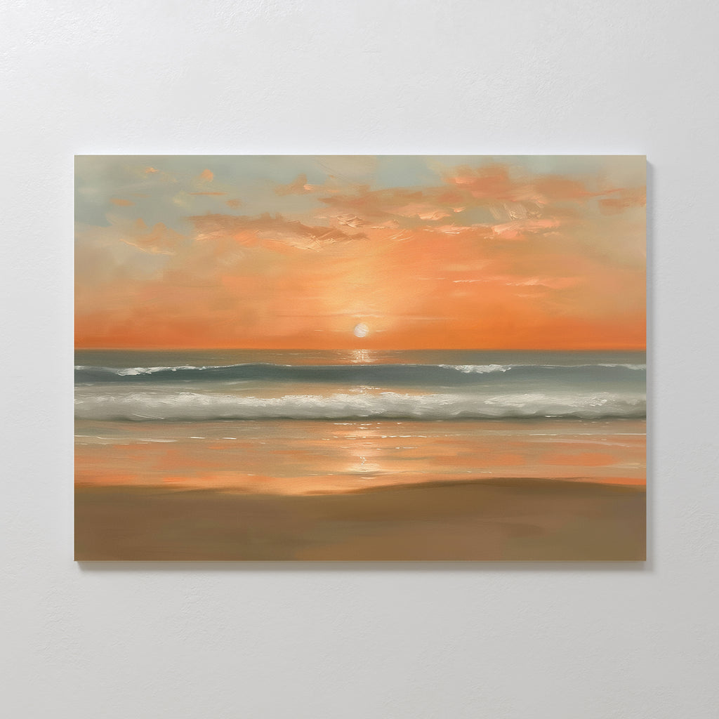 The Amber Horizon Canvas Art - Horizontal showcases a serene beach at sunset, with orange and pink clouds, gentle waves, and the sun reflecting on wet sand.