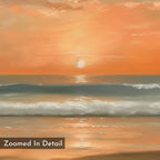 Amber Horizon Canvas Art - Horizontal features an oil painting of a serene coastal sunset with soft orange and pink sky tones reflecting on calm waves. "Zoomed In Detail" appears in the bottom left corner of this canvas print.