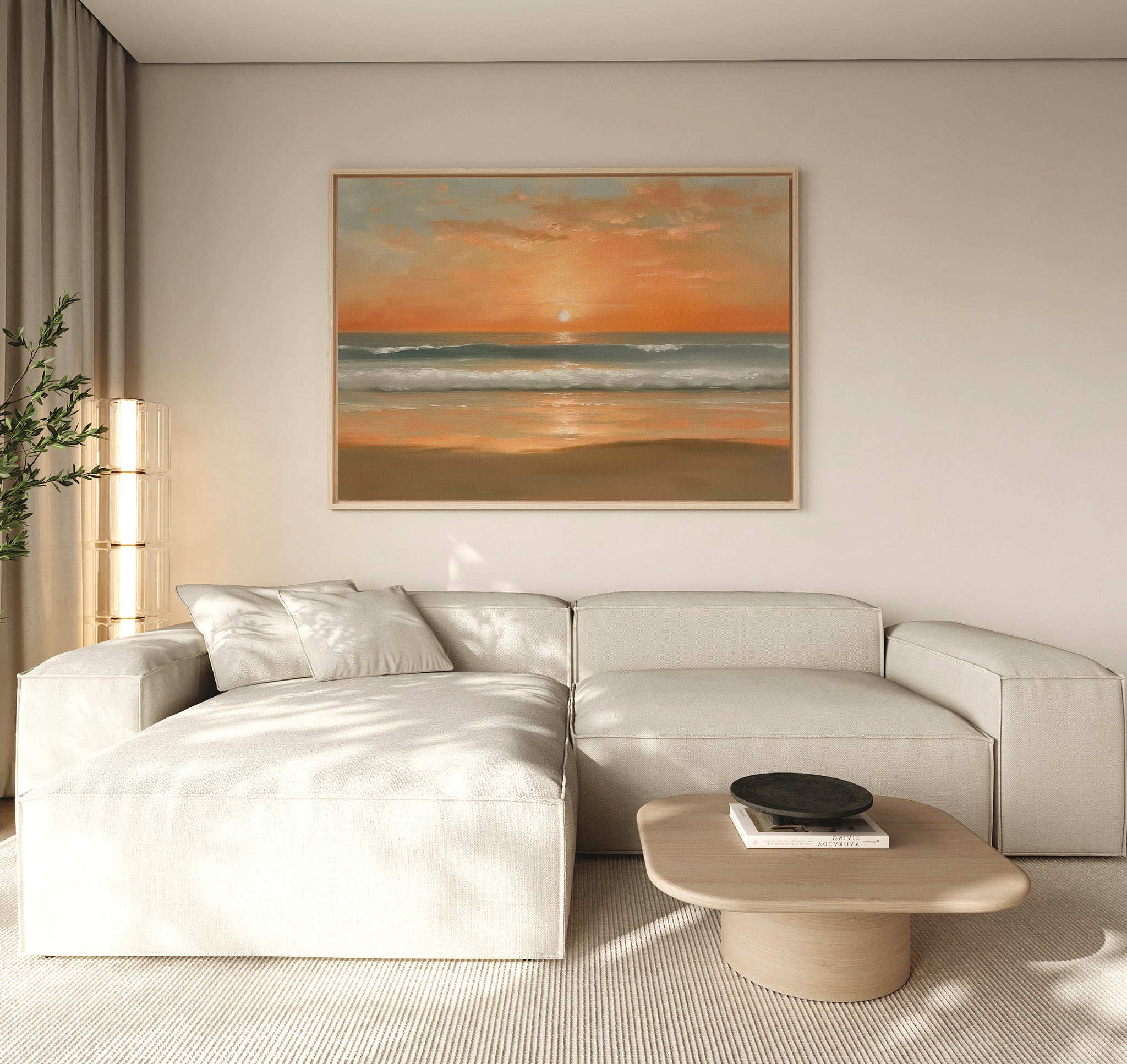 A modern living room with a light beige sectional sofa, a low wooden coffee table with a black bowl, a tall lamp, and the Amber Horizon Canvas Art - Horizontal displayed on the wall.
