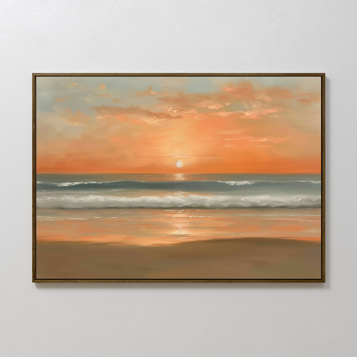 The Amber Horizon Canvas Art - Horizontal features a framed coastal sunset with the sun low on the horizon, casting warm orange and peach tones across the sky, clouds, ocean waves, and wet sand.
