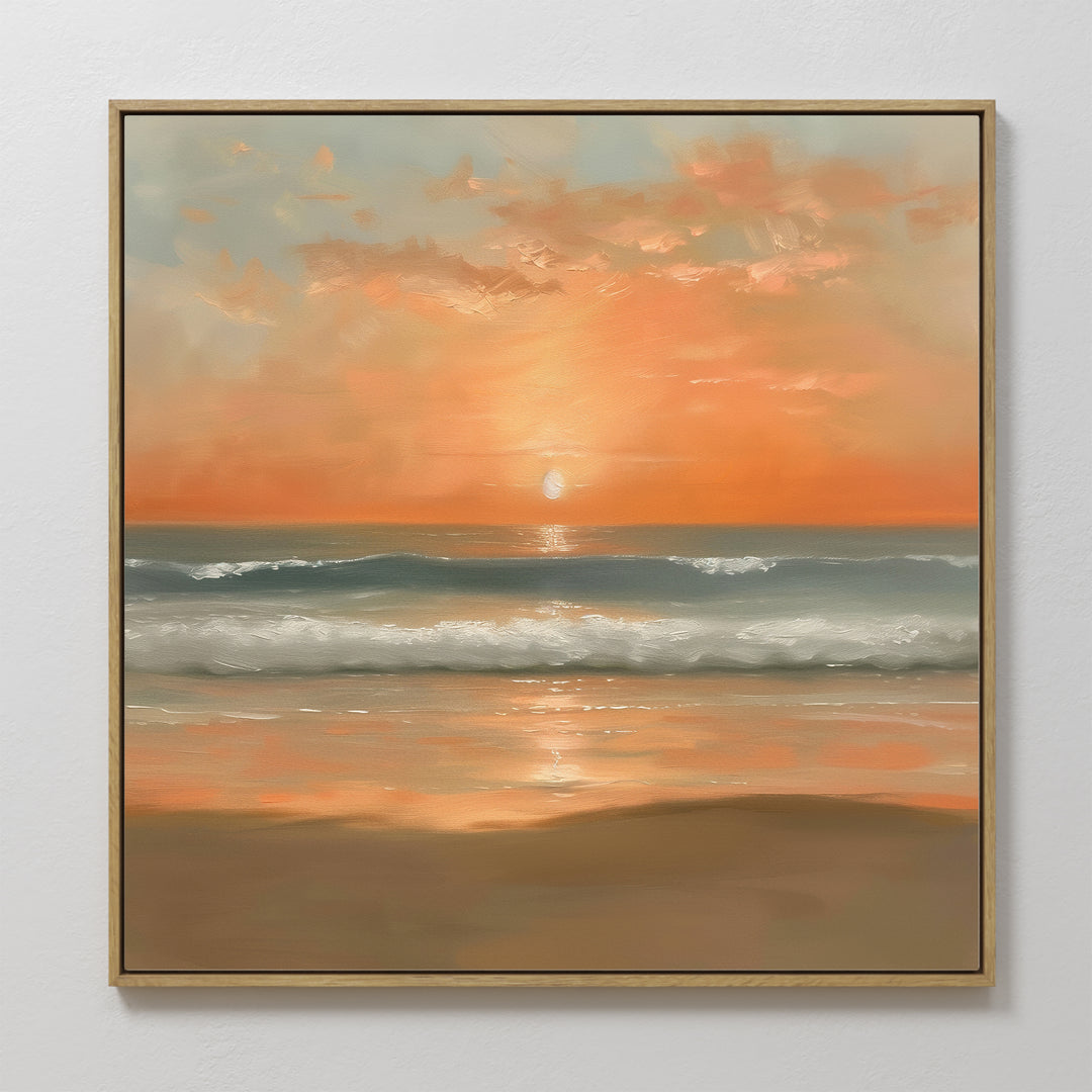 Amber Horizon Canvas Art - Square captures the serene beauty of a coastal sunset with its depiction of a beach and the sun.