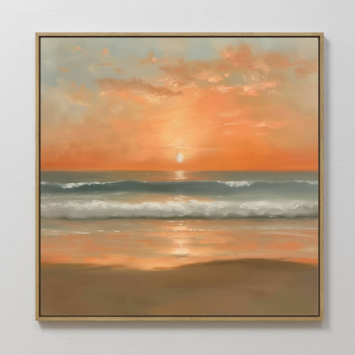 Amber Horizon Canvas Art - Square captures the serene beauty of a coastal sunset with its depiction of a beach and the sun.