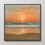 Amber Horizon Canvas Art - Square features a serene coastal sunset with orange and pink clouds, gentle waves, and sunlit sand. Bring peaceful, Nordic Park-inspired calm to any room with this beautifully framed canvas print.