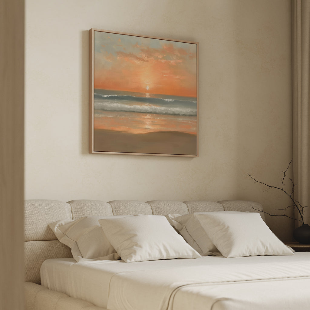 A beige bedroom features a cushioned headboard, white bed linens, and the Amber Horizon Canvas Art - Square above the bed. A bare branch on the right nightstand adds a touch of Nordic Park-inspired simplicity.