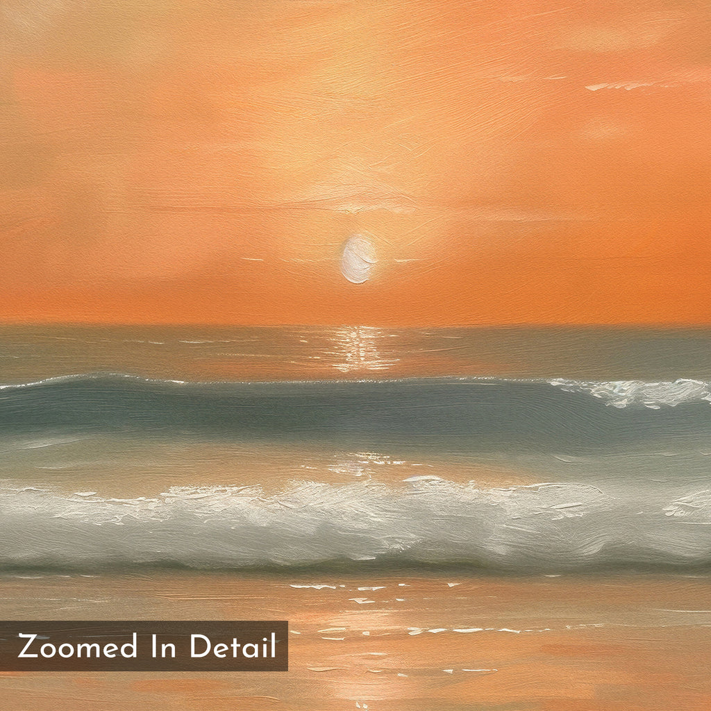 A close-up of the Amber Horizon Canvas Art - Square shows gentle waves and a glowing coastal sunset over an orange sky, with shimmering water reflections. "Zoomed In Detail" appears in the corner.