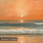 A close-up of the Amber Horizon Canvas Art - Square shows gentle waves and a glowing coastal sunset over an orange sky, with shimmering water reflections. "Zoomed In Detail" appears in the corner.