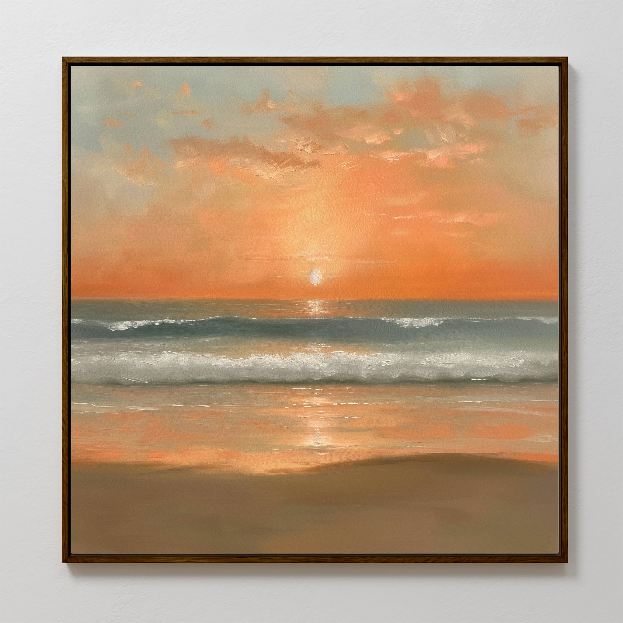 The Amber Horizon Canvas Art - Square captures a tranquil coastal sunset, showcasing a serene beach bathed in the warm glow of dusk.