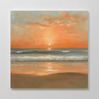 Amber Horizon Canvas Art - Square features a serene coastal sunset with warm orange and pink skies, gentle waves, and the sun low on the horizon, reflecting over calm water and wet sand.