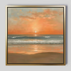 The Amber Horizon Canvas Art - Square features a serene coastal sunset with soft orange and pink clouds, gentle waves, and the sun reflecting on wet sand beneath a calm sky.