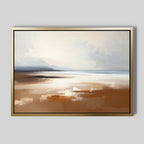 Amber Shore Canvas Art - Horizontal: A framed abstract painting of a serene beach, with soft brown, beige, and white hues evoking sand, sea, and a cloudy sky. Gentle light reflects on wet sand for added tranquility.