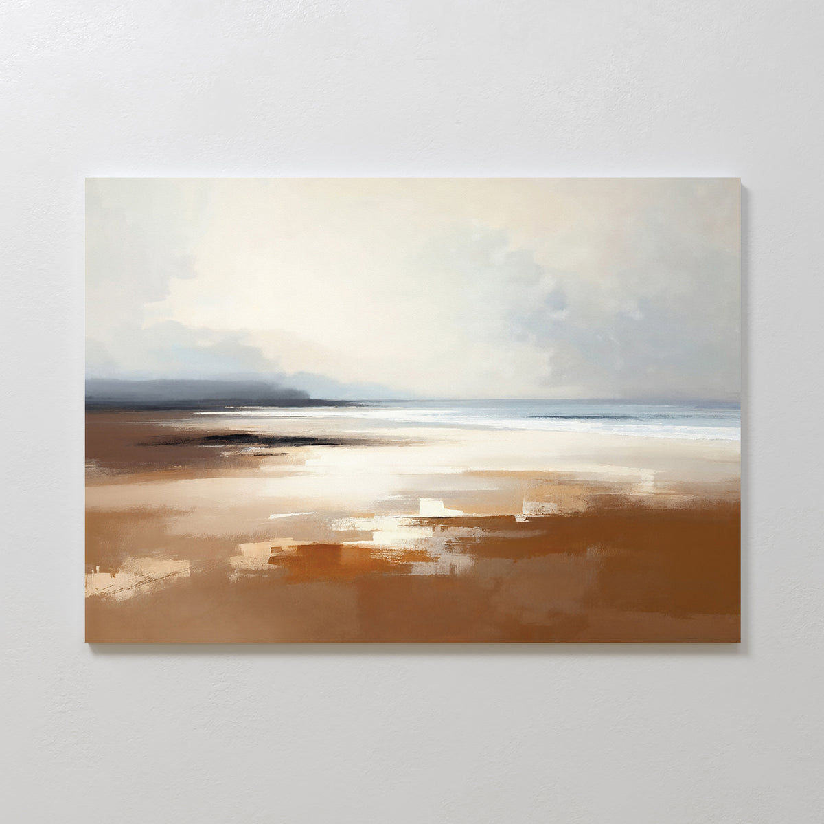 Amber Shore Canvas Art - Horizontal features a calm, sandy beach with soft brown tones, a misty horizon, and pale blue-gray sky—perfect serene wall art to bring tranquility and warmth to any space.