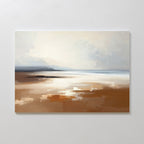 Amber Shore Canvas Art - Horizontal features a calm, sandy beach with soft brown tones, a misty horizon, and pale blue-gray sky—perfect serene wall art to bring tranquility and warmth to any space.