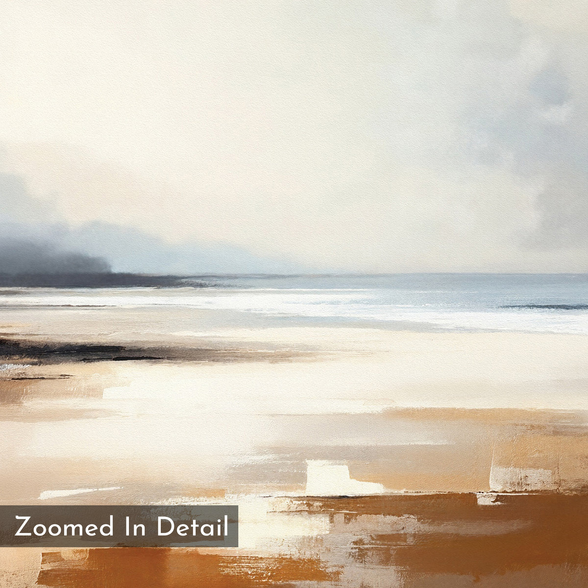 Amber Shore Canvas Art - Horizontal features an abstract painting of a serene beach with sandy tones, soft white and blue water, and a cloudy sky. "Zoomed In Detail" is shown in the corner.