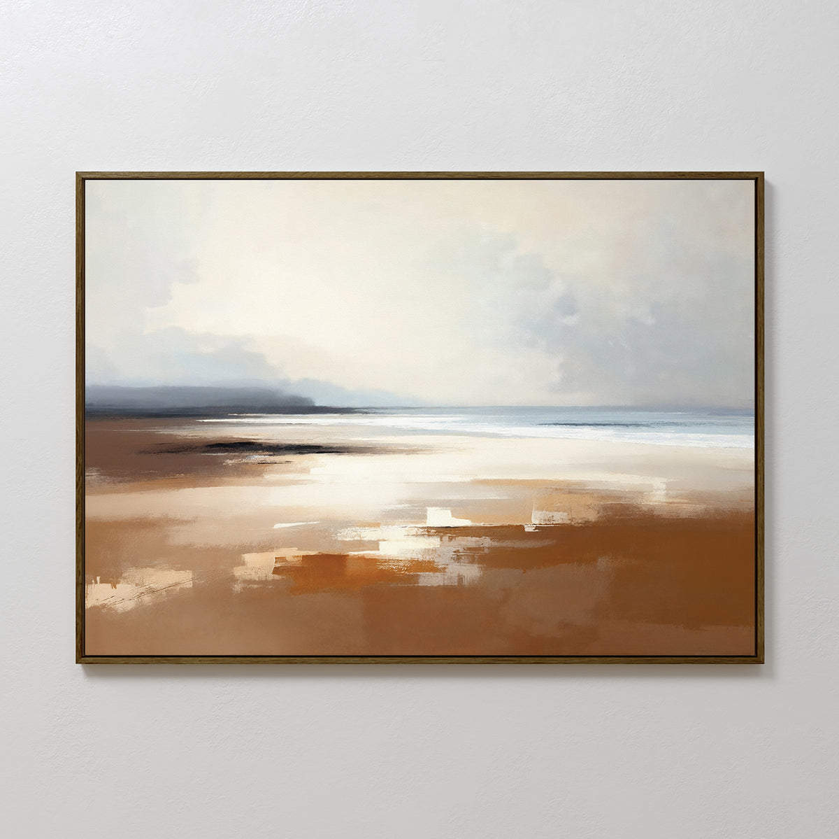 Amber Shore Canvas Art - Horizontal showcases a serene, minimalist beach scene with abstract tan, brown, white, and blue brushstrokes—a tranquil addition to your space as calming beach wall art.
