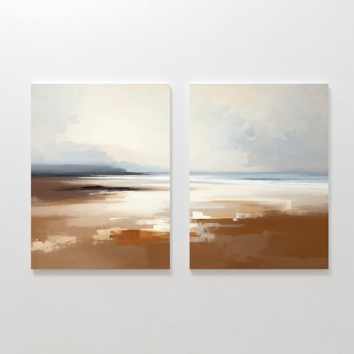 Amber Shore - Set Of 2 features two abstract prints of a serene beach scene in muted browns, whites, and blues. The tranquil wall art blends horizon and sky softly, adding a calm minimalist coastal vibe to any space.