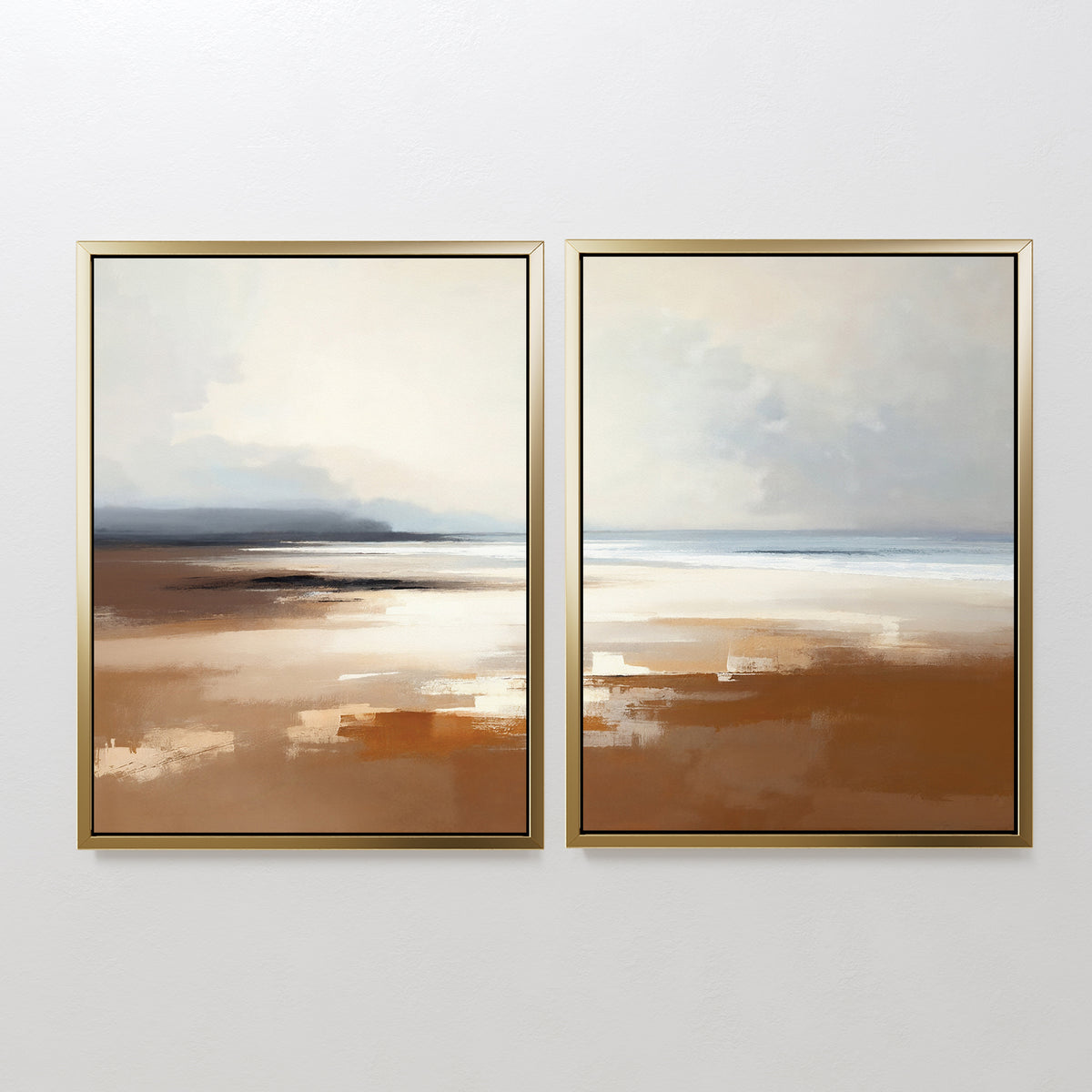 Amber Shore - Set Of 2 features two framed abstract prints with soft brown, beige, and blue tones that blend sky, sea, and sand in a minimalist style—ideal for adding tranquil beach-inspired wall art to your space.