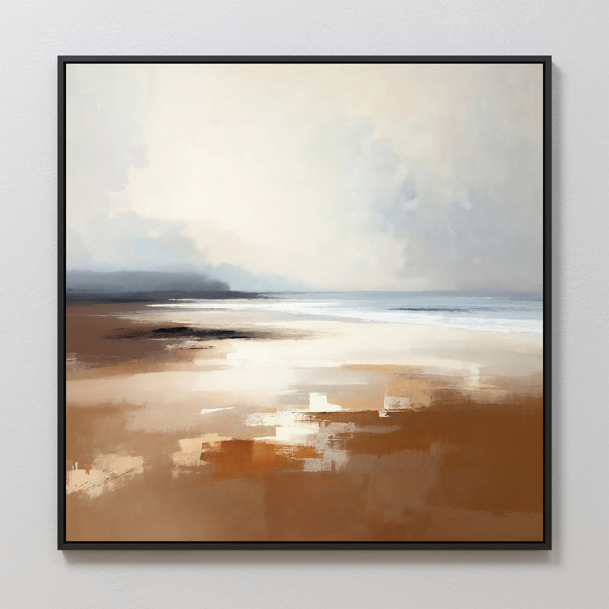 The Amber Shore Canvas Art - Square features abstract blended brushstrokes depicting soft brown sand, gentle waves, and a hazy sky for a calm, tranquil look—perfect wall art to bring serene atmosphere to any space.