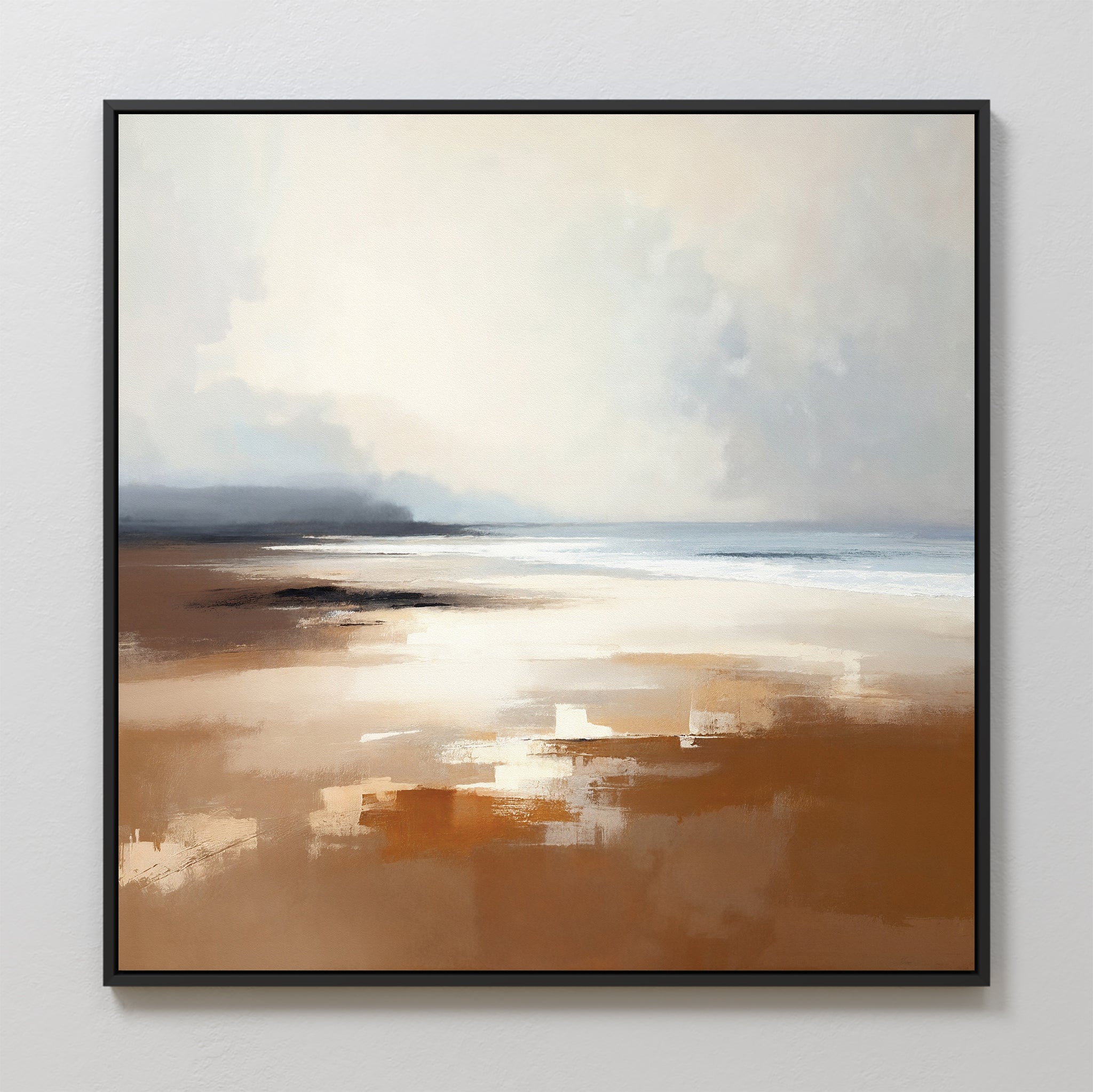 The Amber Shore Canvas Art - Square features abstract blended brushstrokes depicting soft brown sand, gentle waves, and a hazy sky for a calm, tranquil look—perfect wall art to bring serene atmosphere to any space.