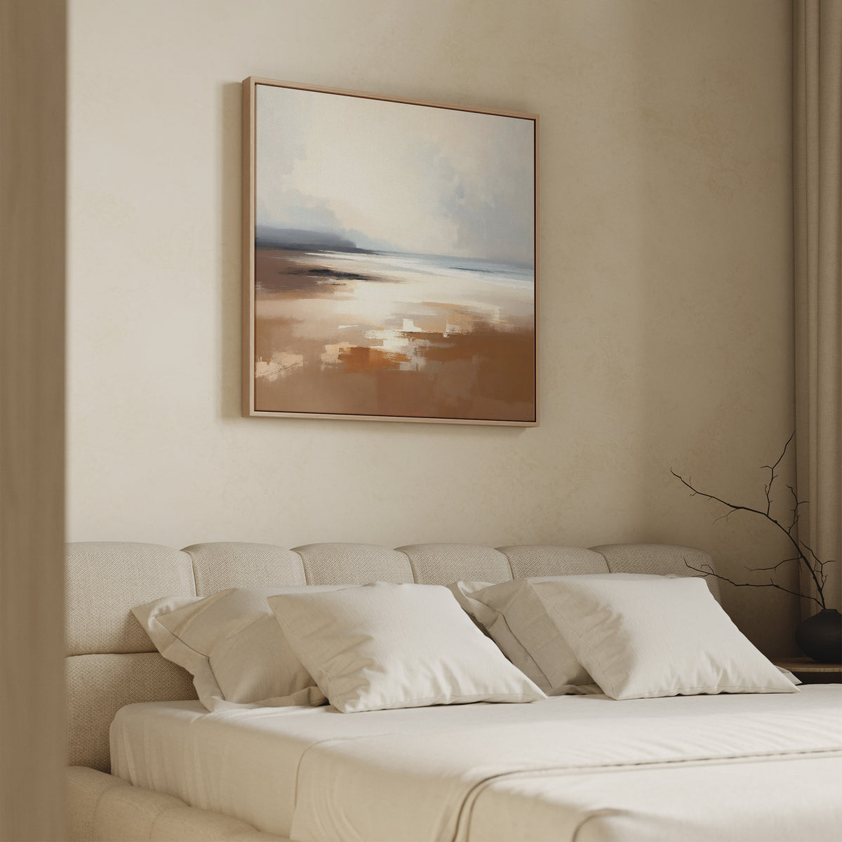 A minimalist bedroom features a beige upholstered bed with white bedding. Above the bed hangs the Amber Shore Canvas Art - Square, its abstract earth tones adding tranquility and a touch of Nordic Park calm to the space.
