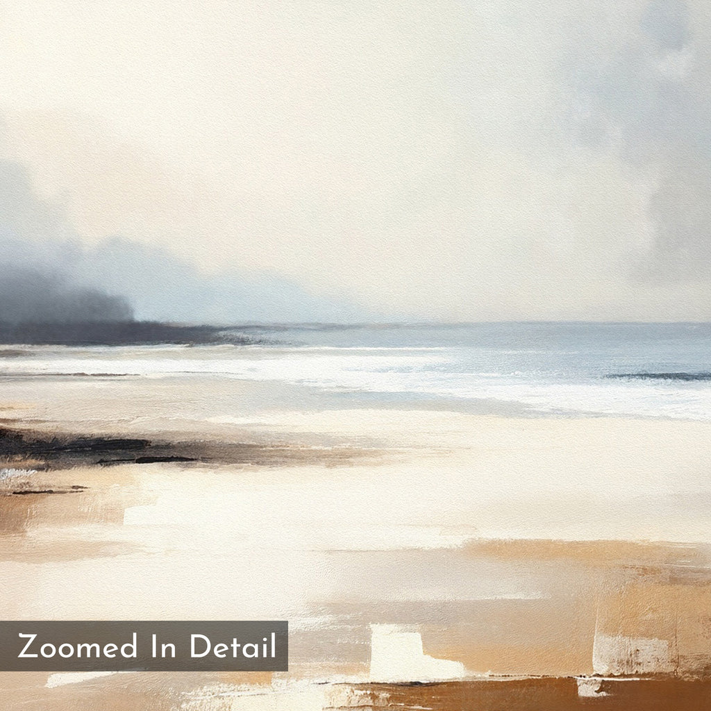 Amber Shore Canvas Art - Square features a soft, abstract beach scene with gentle waves, sandy shore, and misty sky. Earthy beiges and browns blend with whites and grays for tranquil wall decor. Text in the corner reads "Zoomed In Detail.