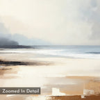 Amber Shore Canvas Art - Square features a soft, abstract beach scene with gentle waves, sandy shore, and misty sky. Earthy beiges and browns blend with whites and grays for tranquil wall decor. Text in the corner reads "Zoomed In Detail.