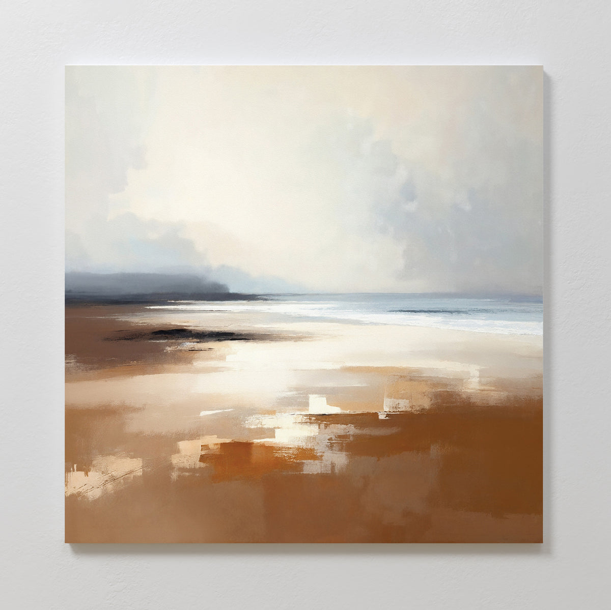 Amber Shore Canvas Art - Square features an abstract, impressionistic beach scene with soft brown sand, gentle waves, and a cloudy sky in muted colors, bringing a peaceful touch to your wall décor.