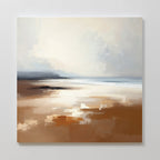 Amber Shore Canvas Art - Square features an abstract, impressionistic beach scene with soft brown sand, gentle waves, and a cloudy sky in muted colors, bringing a peaceful touch to your wall décor.