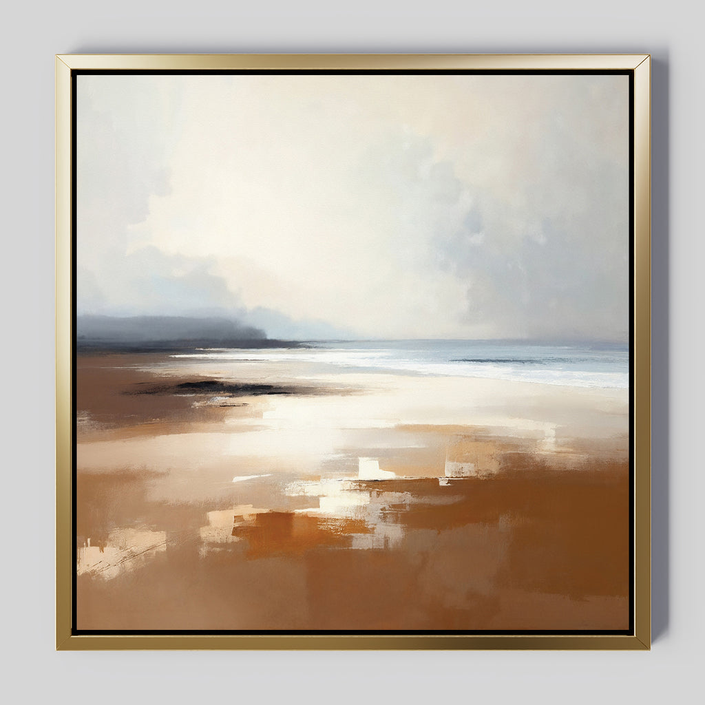 The Amber Shore Canvas Art - Square features soft brown sand, white reflections, and a misty blue-gray sky for a calm, dreamy vibe—ideal tranquil wall art for your space.