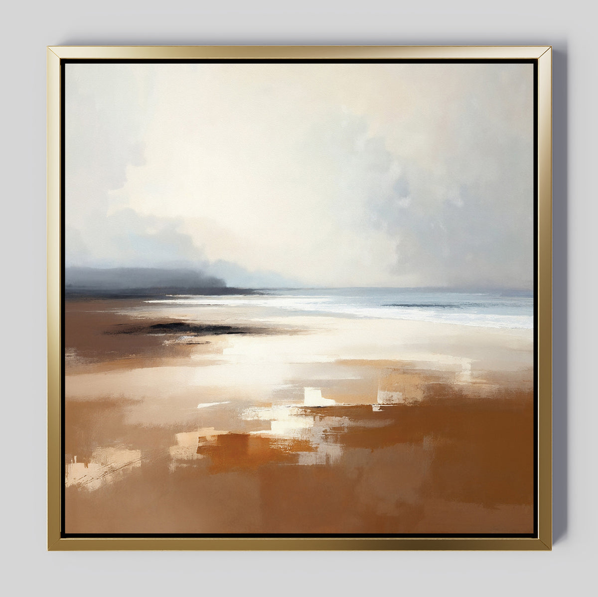 The Amber Shore Canvas Art - Square features soft brown sand, white reflections, and a misty blue-gray sky for a calm, dreamy vibe—ideal tranquil wall art for your space.