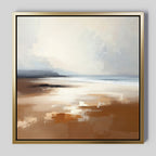 The Amber Shore Canvas Art - Square features soft brown sand, white reflections, and a misty blue-gray sky for a calm, dreamy vibe—ideal tranquil wall art for your space.