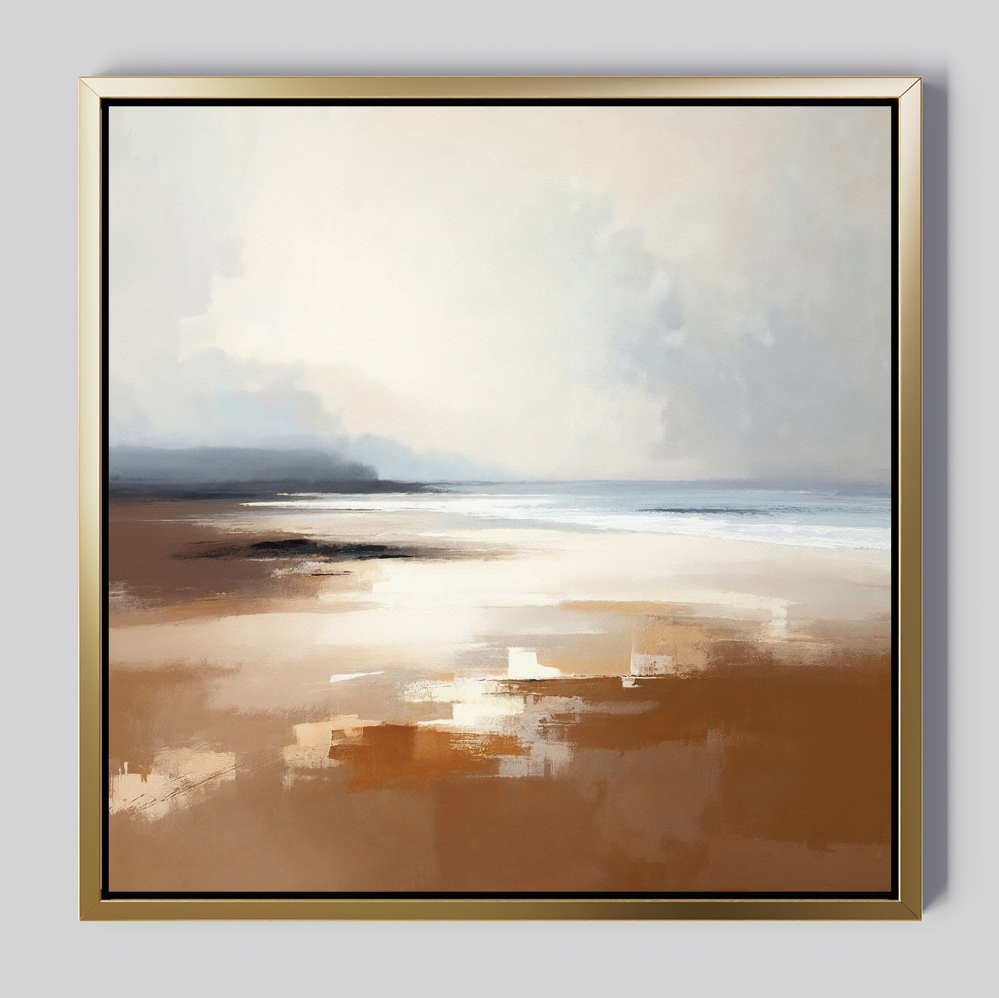 The Amber Shore Canvas Art - Square features soft brown sand, white reflections, and a misty blue-gray sky for a calm, dreamy vibe—ideal tranquil wall art for your space.
