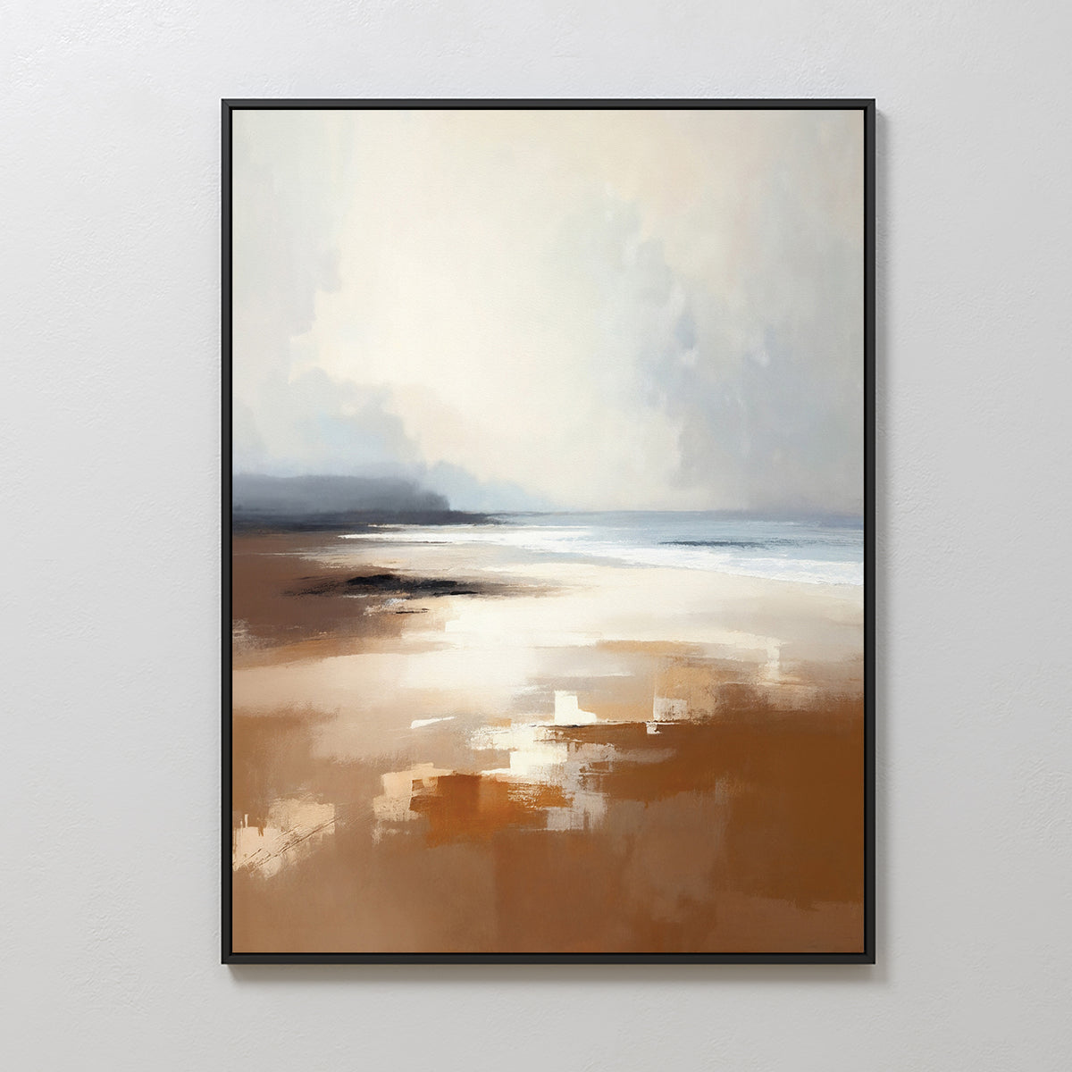 Amber Shore Canvas Art - Vertical features an abstract, serene beach scene with soft brown sands, white reflections, a hazy sky, and muted blue-gray ocean blending into the horizon for a peaceful ambiance.