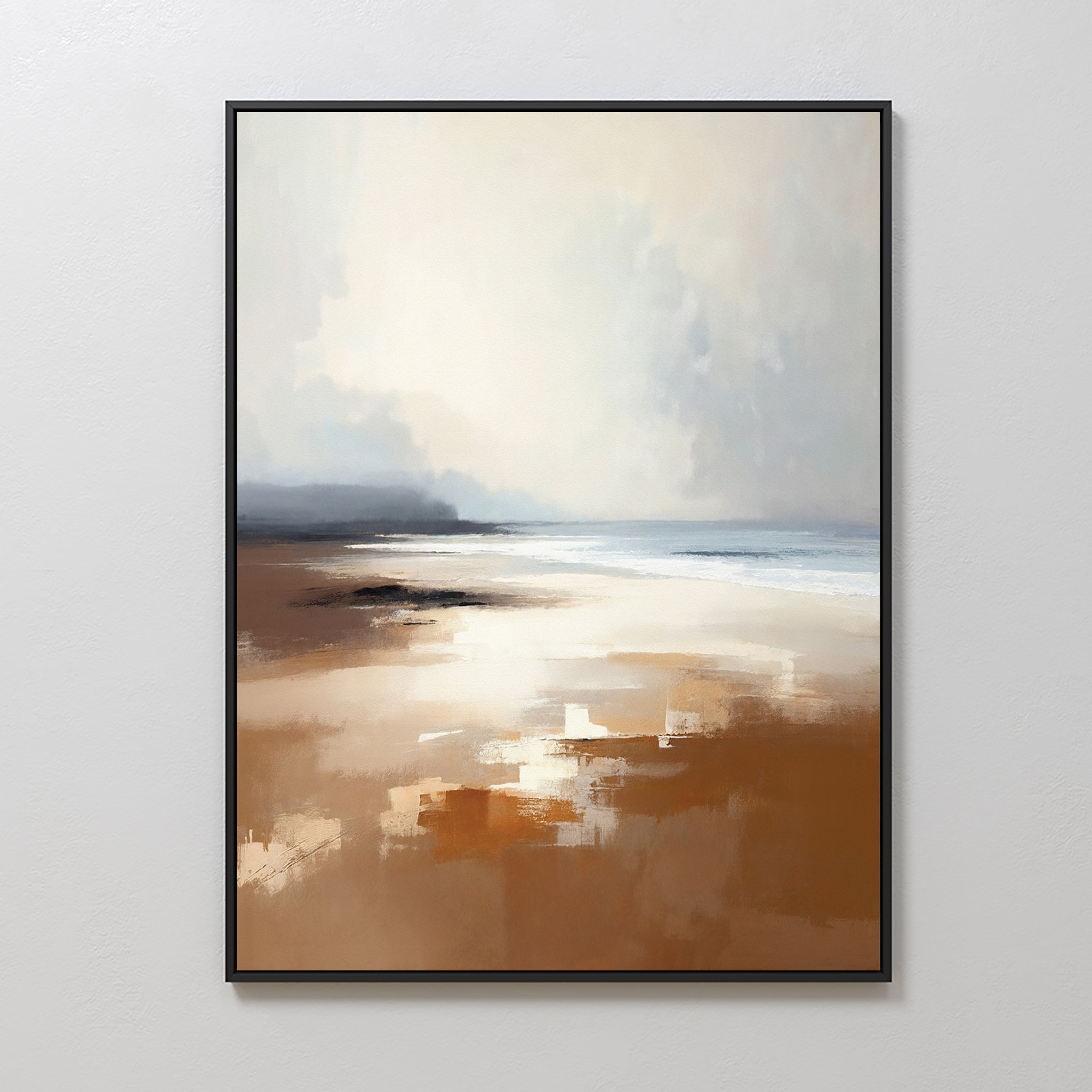 Amber Shore Canvas Art - Vertical features an abstract, serene beach scene with soft brown sands, white reflections, a hazy sky, and muted blue-gray ocean blending into the horizon for a peaceful ambiance.