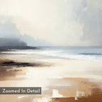 Amber Shore Canvas Art - Vertical: An impressionist beach scene with soft, muted tones, cloudy sky, gentle waves, and sandy shore. “Zoomed In Detail” appears at the bottom left—a tranquil piece for your wall.
