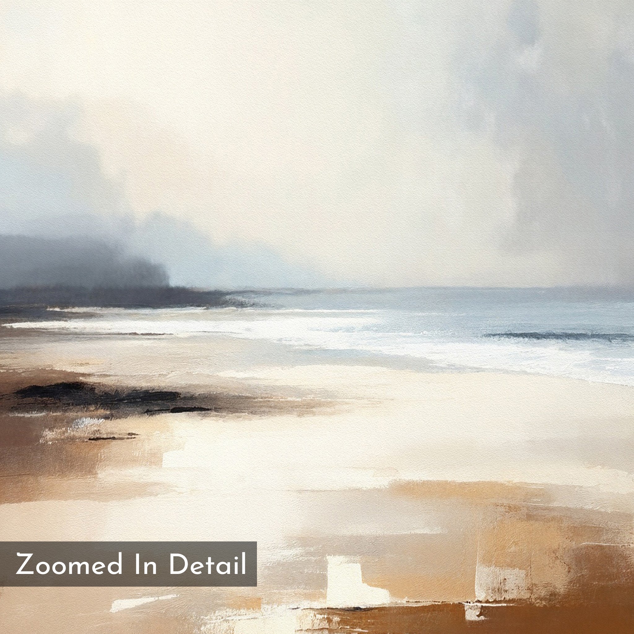 Amber Shore Canvas Art - Vertical: An impressionist beach scene with soft, muted tones, cloudy sky, gentle waves, and sandy shore. “Zoomed In Detail” appears at the bottom left—a tranquil piece for your wall.