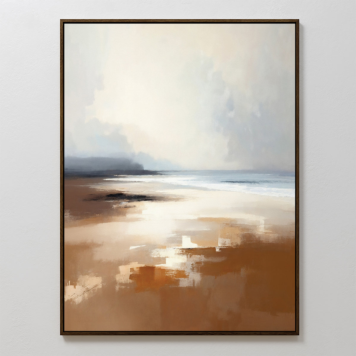 Amber Shore Canvas Art - Vertical features a serene abstract beach scene with soft brown sand, gentle waves, and a cloudy sky—perfect tranquil wall art for your Nordic Park-inspired space.