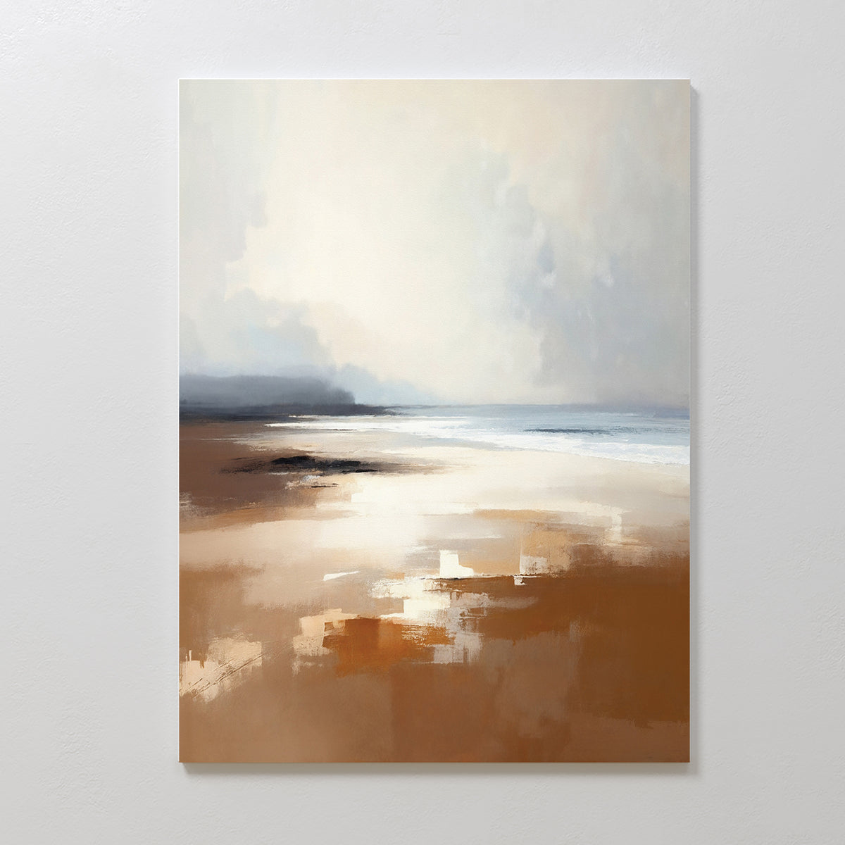 Amber Shore Canvas Art - Vertical features an abstract beach scene in soft, muted tones. Cloudy skies and textured brushstrokes evoke Nordic Park vibes, making this tranquil wall art ideal for a serene atmosphere.