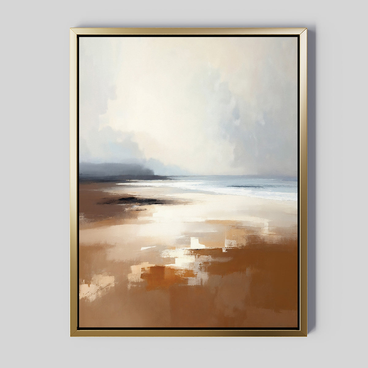 Amber Shore Canvas Art - Vertical: A framed wall art piece featuring an abstract, impressionistic depiction of a serene beach with soft brown sand, gentle waves, and a hazy sky. Subtle light reflects on the wet sand for a tranquil effect.
